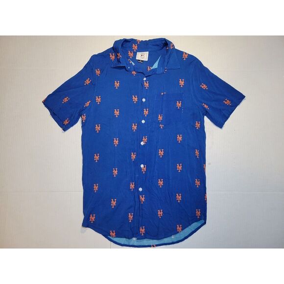 MLB Tops - New York Mets Royal Mini Print Logo Button-Up Shirt Mens Size Small AOP MLB Blue